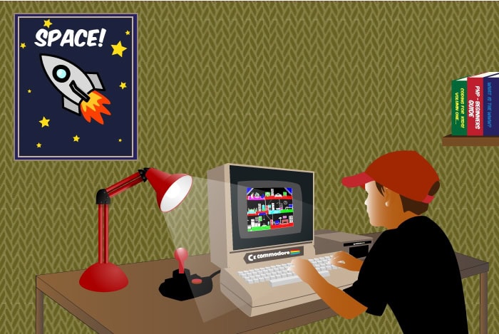 Young person gaming on commodore
